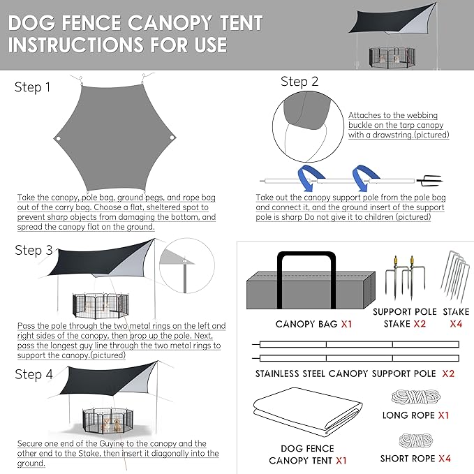 Dog Shade Shelter Pet Tent Outdoor, with Stainless Steel Connecting Poles, Equipped with a Canopy, Ground pegs, Guy Ropes, Stainless Steel Connecting Poles.