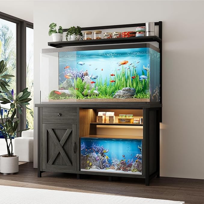 4ever2buy 55-75 Gallon Fish Tank Stand with Power Outlet, Led Light, Heavy Duty Aquarium Stand with Cabinet for Fish Tank Accessories Storage, Shelf, for Turtle Tank, Reptile Terrarium, 1100 LBS, Gray