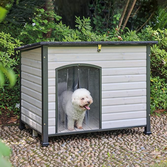 Dog House Outdoor Dog House for Small Medium Large Dogs, Natural Wood with Iron Frame, Waterproof Roof Raised Feet (43.3" L-White)