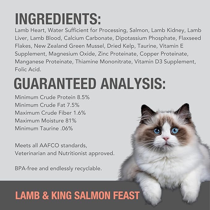 Feline Natural New Zealand Canned Catfood Wet Food, High-Meat, Low-Carb, & Grain Free Cat Food Wet, Lamb & Salmon Feast, 3 oz, Pack of 24