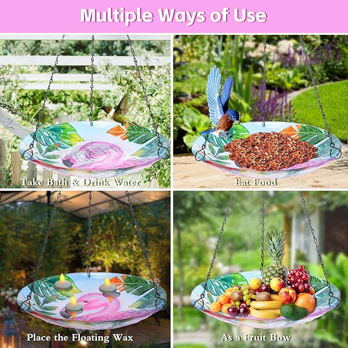 MUMTOP Hanging Bird Baths for Outdoors - Glass Bird Bath, 11 Inch Hanging Bird Bath Pink Flamingo Bird Feeder Bowl for Outside, Garden, Lawn Yard Decor