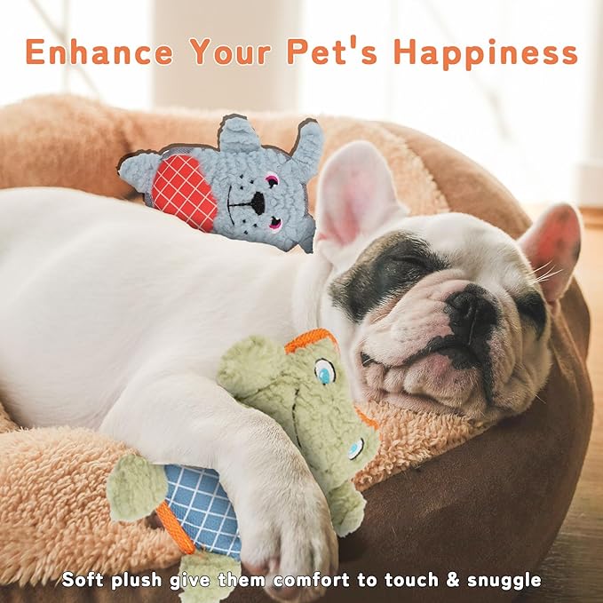 Crinkle Dog Toys Squeaky Plush No Stuffing Cute Puppy Stuffless Tough Rop Pull Toy, Fun Dog Stuffed Animals Durable Chew Set for Small Medium Large Pup (Large, Green Frog+Blue Dog)