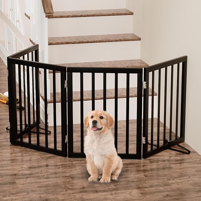 Dog Gate, Freestanding Dog Gates for Doorways, Foldable Dog Gate Indoor, Pet Gates for Doorways Bedroom, Puppy Gate with Metal Support Feet, Room Divider 4 Panels (Black)