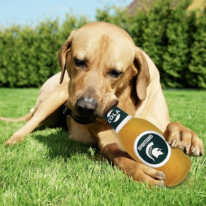 NCAA Michigan State Spartans Beer Bottle Plush Dog & CAT Squeak Toy- Cutest Stadium SODA Bottle Snack Plush Toy for Dogs & Cats with Inner Squeaker & Beautiful Football/Basketball Team Name/Logo