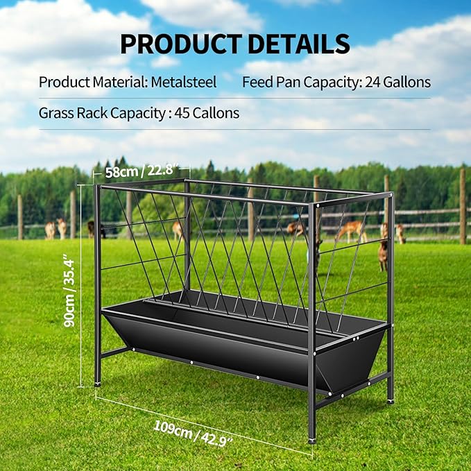 RYFT 2 in 1 Pasture Hay Feeder 45 Gallon Livestock Feed Trough with 24 Gallon Feed Pan, Hay Grain Livestock Feeder for Sheep, Calf, Cow and Horse