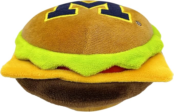 NCAA Michigan Wolverines Cheeseburger Plush Dog & CAT Squeak Toy- Cutest Stadium Hamburger Snack Plush Toy for Dogs & Cats with Inner Squeaker & Beautiful Football/Basketball Team Name/Logo