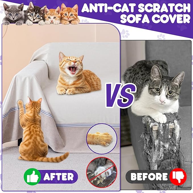 Cat Scratch Furniture Protector - Anti-Slip, Waterproof Sofa Cover to Keep Cats Off, Pet-Friendly Couch Protectors for 3 Cushion Couch, Anti-Scratch Couch Cover for Pets and Kids 150"X91" Beige