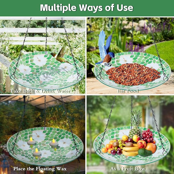 MUMTOP Mosaic Hanging Bird Bath-Bird Baths for Outdoors - 12 Inch Glass Birdbath Bird Water Bowl Bird Feeders for Outside, Garden, Lawn Yard Decor(Flower & Leaf)