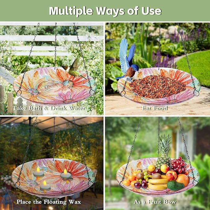MUMTOP Hanging Bird Bath-Bird Baths for Outdoors - 12 Inch Watercolour Daisy Glass Bird Water Bowl Bird Feeders for Outside, Garden, Lawn Yard Decor