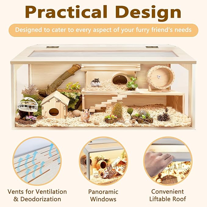 Prolee Hamster Cage Chew Proof Wood, 48 Inch Mice and Rat Habitat Openable Top with Acrylic Sheets Solid Built, 48 x 19.5 x 19.5 Inch