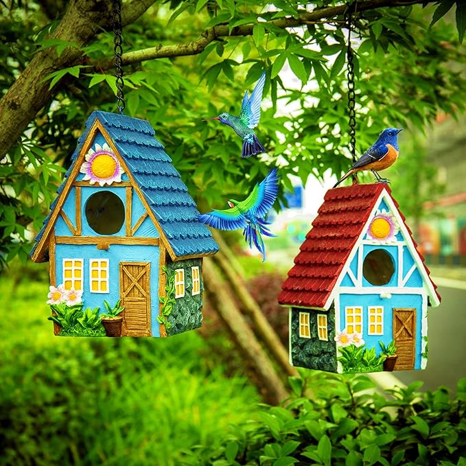 Garden Bird House for Outside Clearance Hanging Outdoors Country Cute Birdhouses for Wren Finchs Chickadee Hummingbird Tree Swallow Cage Kids Nature Lover Bluebird House(Red)