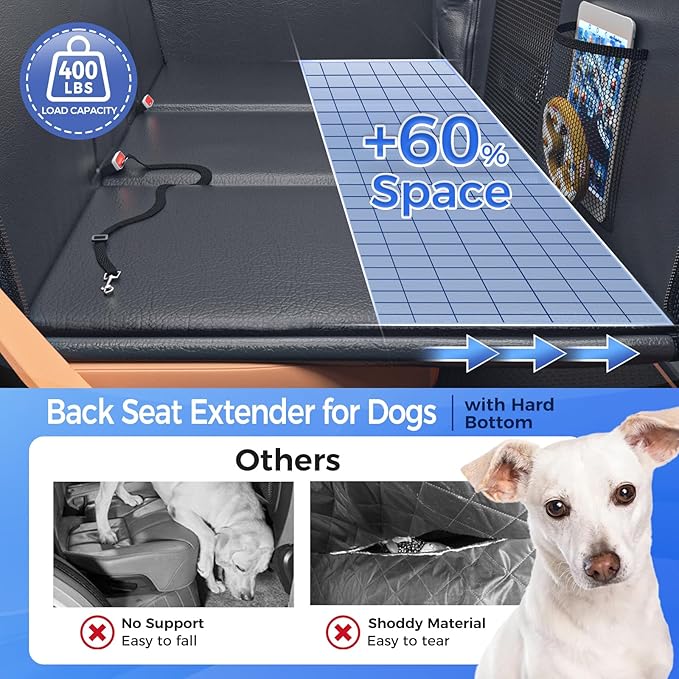 Back Seat Extender for Dogs, Hard Bottom Dog Car Seat Cover for Truck Back Seat, Upgraded PU Leather Dog Hammock for Car, Waterproof, Anti Scratch, Larger Space, Holds 400lbs