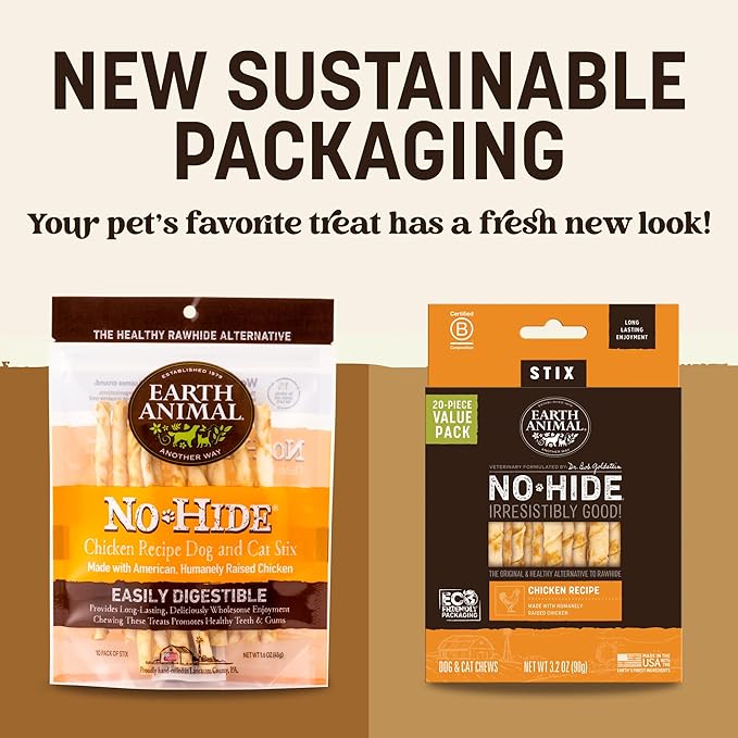 Earth Animal No-Hide Stix Chicken Recipe Natural Rawhide Alternative Dog & Cat Chews - 40 Count Extra Value Pack
