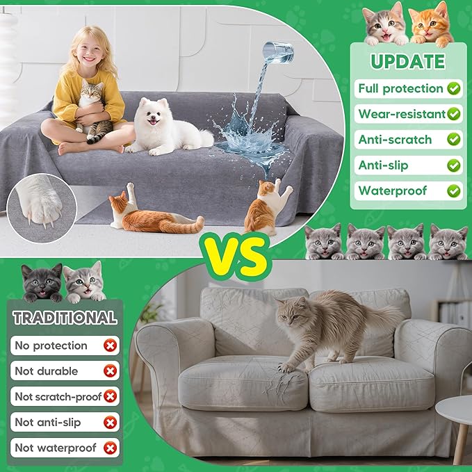 Loiion Couch Covers for 3 Cushion Couch, Gray Cat-Scratch Resistant Sofa Cover โPets Dogs Friendly Anti Slip Thickened Slipcovers Furniture Protector, Couch Protector for Pets and Kids 150"X71"