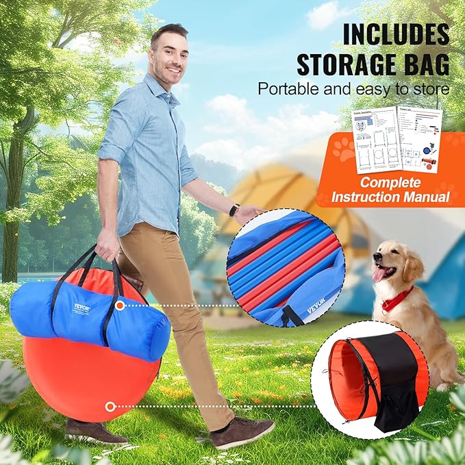 VEVOR Dog Agility Training Equipment, Dog Obstacle Course Backyard Set with Adjustable High Hurdles,6 Weave Poles,Extended Tunnel,Jump Ring,Pause Box,Whistle Foldable Bowl Training Pouch Storage Bag