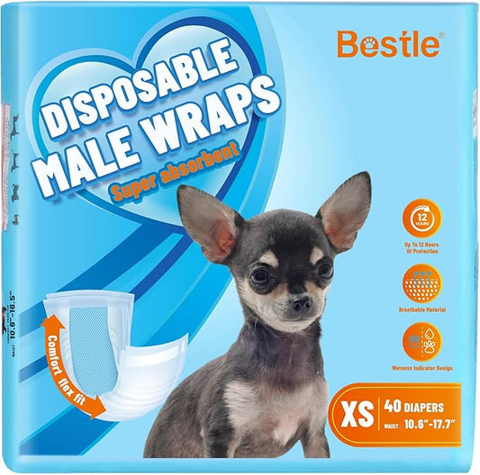 Male Dog Wrap, Disposable Dog Diapers, 40 Count, XS (Waist 10.6”-16.6”), Wetness Indicator, Ultra Protection, Leak Proof, Super Absorbent, Soft