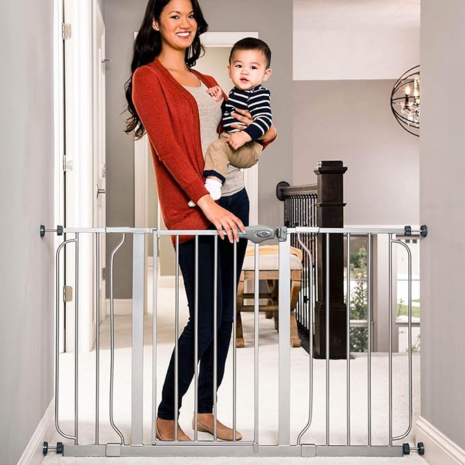 Regalo Easy Step 49-Inch Extra Wide Baby Gate, Includes 4-Inch and 12-Inch Extension Kit, 4 Pack of Pressure Mount Kit and 4 Pack of Wall Mount Kit, Platinum - Total Pack of 1