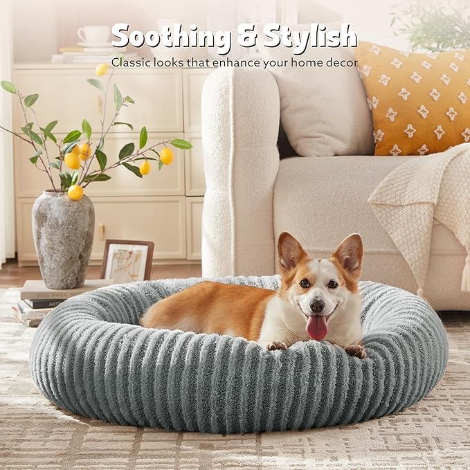 MIXJOY Dog Donut Bed for Small Dogs, Washable Donut Small Puppy Bed, Cute Dog Beds with Anti Slip Bottom, Calming Cat Beds with Removable Zipper Cover, 23"x23"x8", Grey