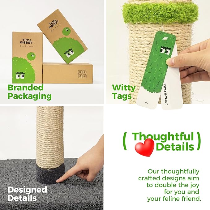 TINYBEAST 34" Tall Cat Scratching Post for Indoor Cats, Premium Natural Sisal Scratcher with Interactive Plush Toy Ball, Reinforced Stable Base for Large Adult Cats & Kittens(Grey)