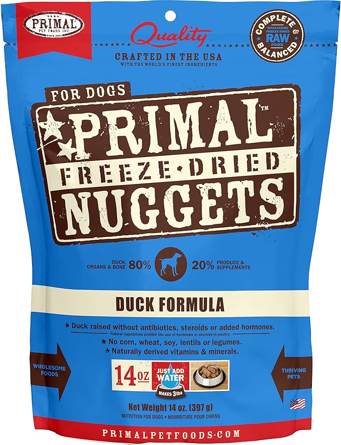 Primal Freeze Dried Raw Dog Food Nuggets, Duck, Complete & Balanced Meal, Also Use as Topper or Treat, Premium, Healthy, Grain Free, High Protein Raw Dog Food, 14 oz