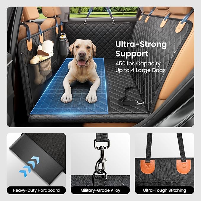 REEVAA Dog Car Seat Cover for Back Seat, Hard Bottom Dog Hammock, Pet Bed Extender for 2-4 Large/Medium Dogs, Waterproof Seat Protector, Universal L Size Fits for Car/SUV, Black+Orange