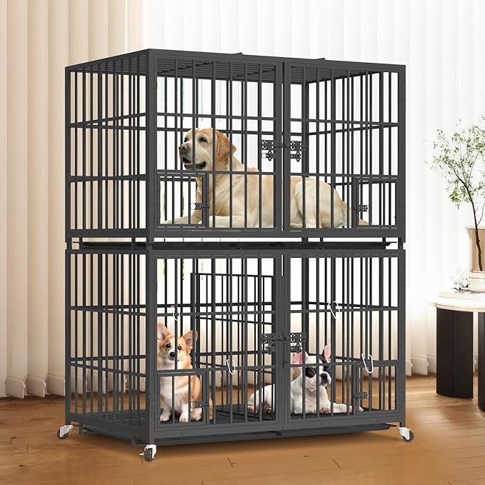 42 inch Stackable Heavy Duty Dog Crate with Open Top,Metal Double Dog Cage for 4 Dogs/Medium Dog,Dog Kennel Indoor with Wheels,Removable Trays, Divider