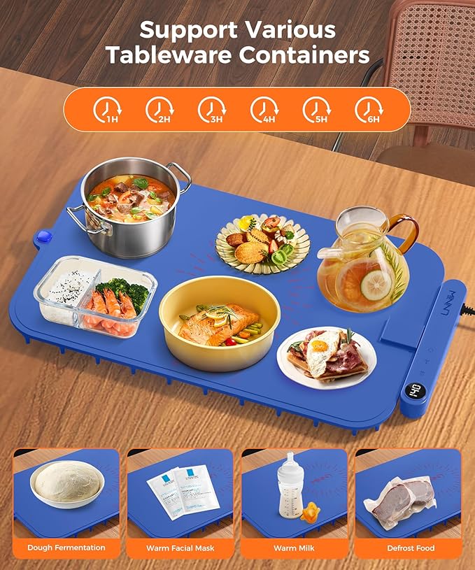 Waterproof Food Warming Mat, Color-Changing Electric Heating Tray with 6-Level Temperature Control, 1-6h Timers, Dishwasher-Friendly Food Warmer Mat for Parties, Buffets, and Kitchen Use.