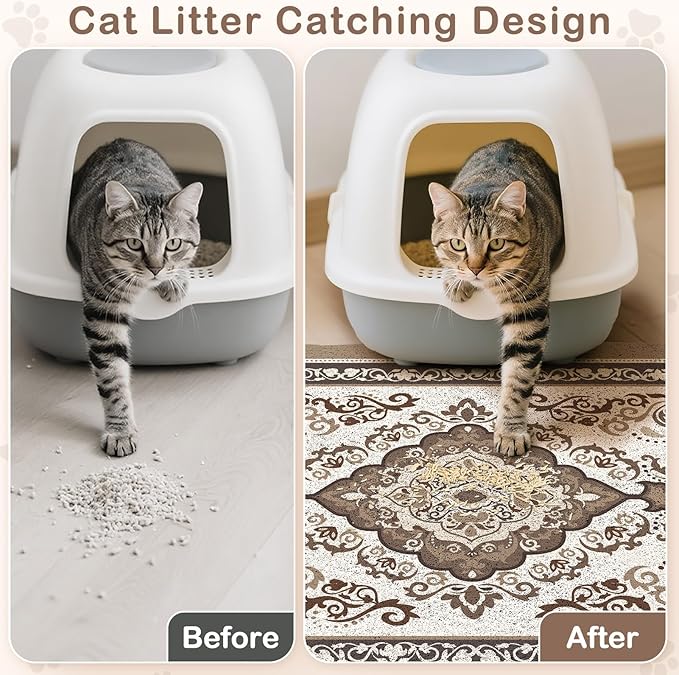 Unicorn Catcher Cat Litter Mat 33" x 22" Non-Slip Litter Box Mat Washable Litter Catcher Mat for Litter Box Indoor Food Mat Supplies Essentials, Brown