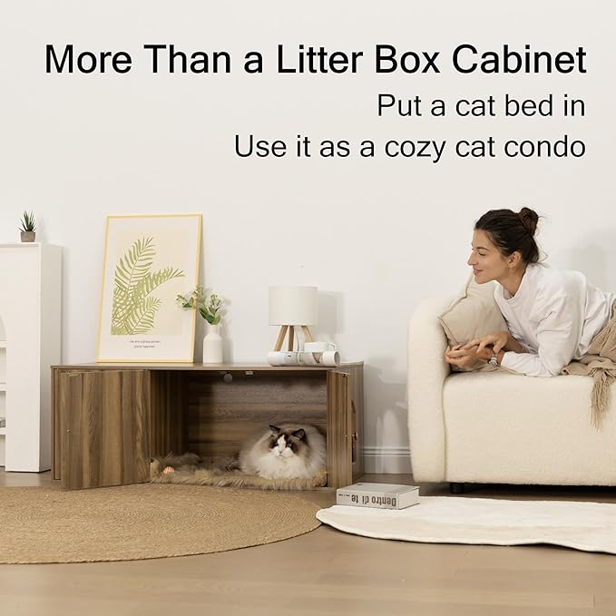 Wooden Cat Litter Box Enclosure with Storage Compartment with Adjustable Divider, Hidden Litter Box Furniture and Hall Table, Cat Box Enclosure, 42.5''L*18.5W*16.9H (Pine, Rattan)