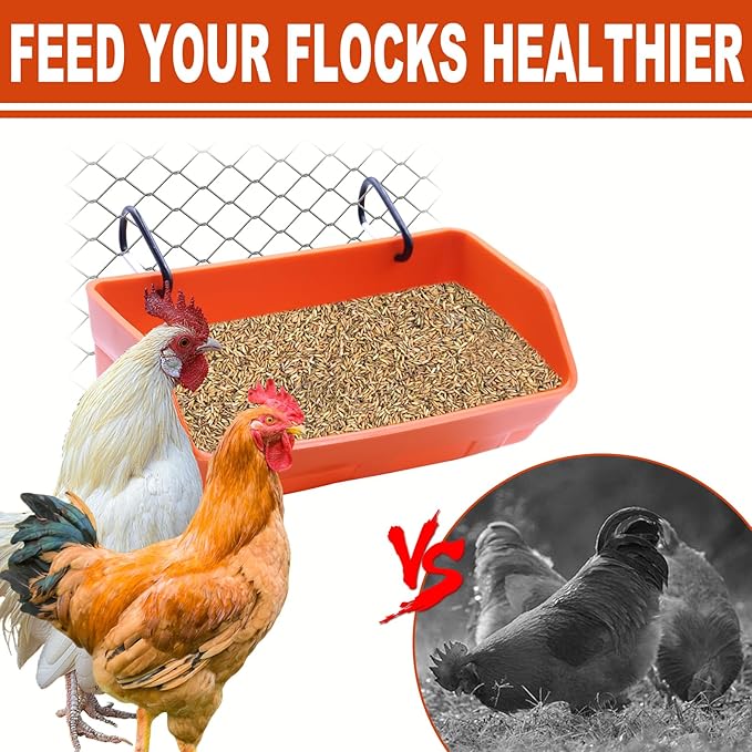 Fence Hanging Chicken Feeder - 4 Pack Feed Trough with Clips for Goat Duck Sheeple Horse Goose, Pig Poultry, Chicken Feeder Bucket Feeding Container for Livestock (Orange)
