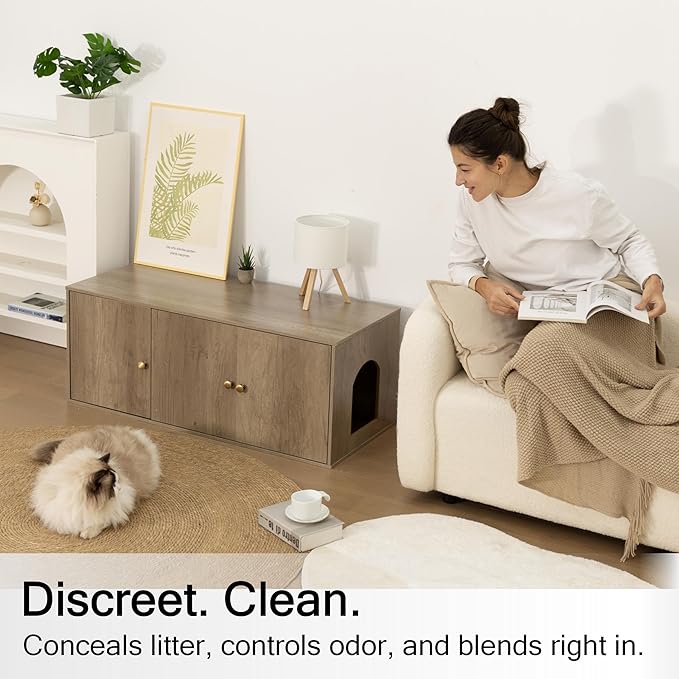 Wooden Cat Litter Box Enclosure with Storage Compartment with Adjustable Divider, Hidden Litter Box Furniture and Hall Table, Cat Box Enclosure, 42.5''L*18.5W*16.9H (Light Oak, Plain)