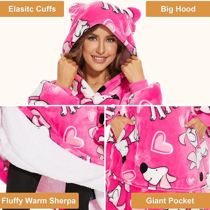 THREE POODLE Wearable Blanket Hoodie for Women, Oversized Sherpa Sweatshirt Blanket for Adults Men, Cozy Dog Hooded Blankets, Gifts for Teen Girls Women Mom Sister