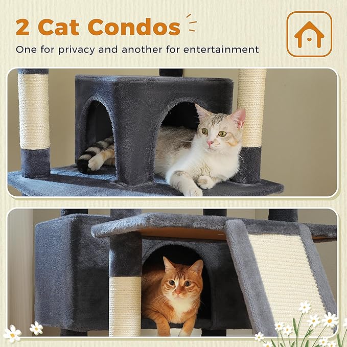 81 Inch Tall Cat Tree for Big Cats & Multi-Cat Homes, Large Heavy Duty Cat Tower with Metal Frame Hammock, 6 Scratching Posts, 2 Condos, 2 Perches, Scratching Pad - Dark Grey