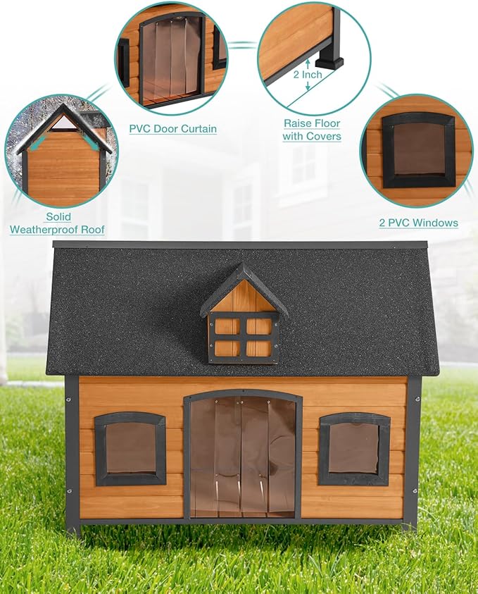 Outdoor Dog House with Iron Frame - Comfortable Shelter for Small to Large Dogs, Ideal for Indoor/Outdoor Use (Wood, L)