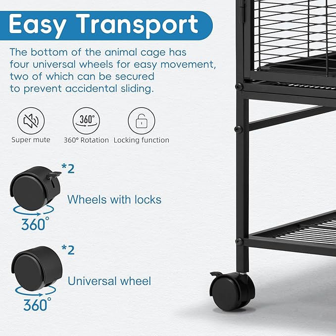 HABUTWAY 40''H Large Metal Rolling Ferrets Cage, 2-Tiers Small Animal Cages, Cage for Rats/Chinchillas, 0.5'' Bar Spacing for Ferret,Small Animal Cage w/Removable Ramp & Platform