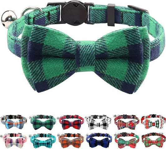 Joytale Upgraded Cat Collar with Bells, Breakaway Cat Collars with Bow Tie, 1 Pack Girl Boy Safety Plaid Kitten Collars, Green