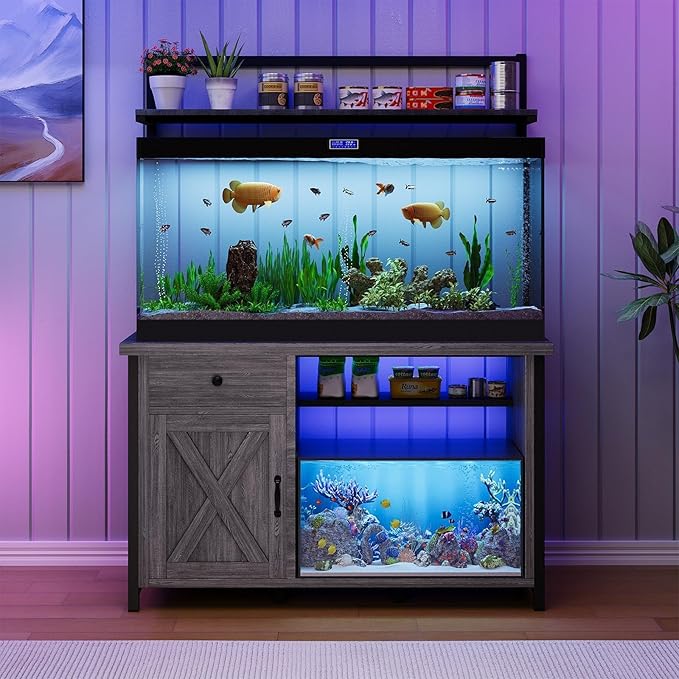 4ever2buy 55-75 Gallon Fish Tank Stand with Power Outlet, Led Light, Heavy Duty Aquarium Stand with Cabinet for Fish Tank Accessories Storage, Shelf, for Turtle Tank, Reptile Terrarium, 1100 LBS, Gray