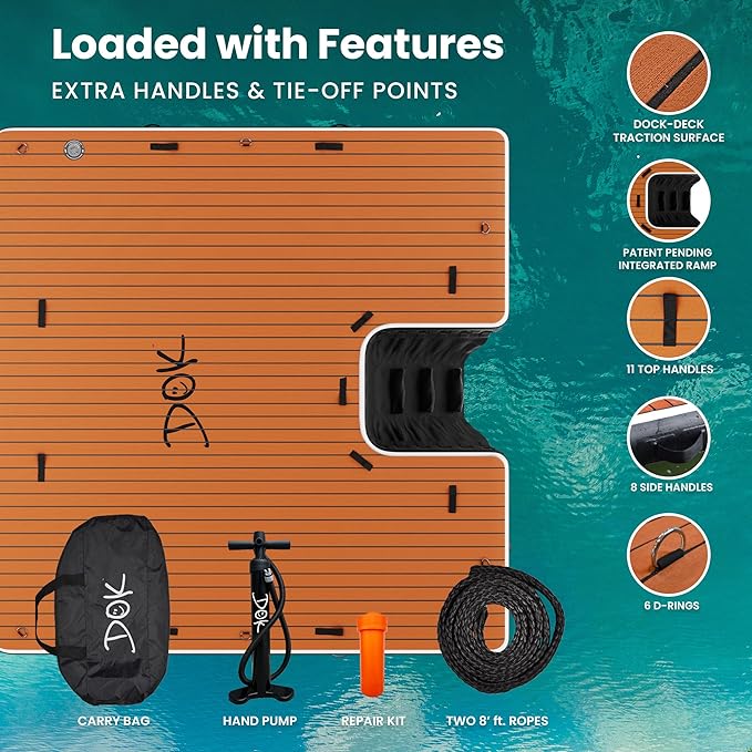 DOK Party-DOK Inflatable Dock Platform: Safe & Easy Water Access; Floating Non-Slip EVA Foam with Water Ramp for Pool, Dock, & Lake | Military Grade & High Visibility (8'x8')