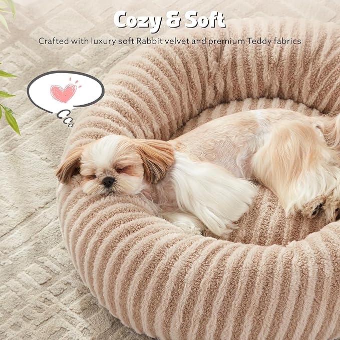 MIXJOY Calming Dog Beds Large Sized Dogs - Washable Donut Large Dog Bed, Round Fluffy Plush Faux Fur Pet Bed with Anti-Slip Bottom, 36"x36"x10", Beige
