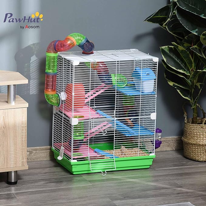 PawHut 18" 5 Tier Hamster Cage with Tubes and Tunnels, Small Animal Cage with Portable Carry Handle, Gerbil Cage with Water Bottle, Food Dish, Exercise Wheel