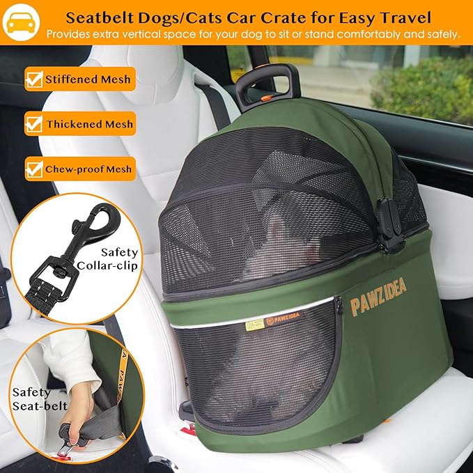 PAWZIDEA Cat Stroller 4 in 1, Pet Stroller for Small/Medium Dogs with Detachable Carrier Easy Lock NO-Zip Canopy, Seatbelt Dog Car Seat, Cozy House, Foldable Dog Jogger Strollers, Large Storage Basket