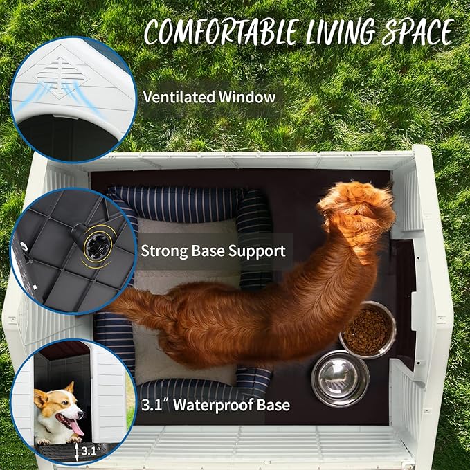 PUKAMI Plastic Outdoor Indoor,Durable Dog House for Small Medium Large Dogs,Waterproof, with Elevated Floor and Air Vents,Ventilate & Easy Clean and Assemble(Blue, 34inch)