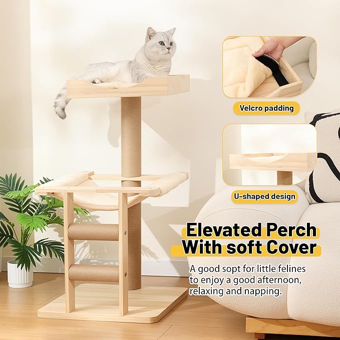 KVIDA Extra-Sturdy Wooden Cat Tree for Large Cats โ Modern 3-Level Tower with Hammock, Anti-Tip Sisal Posts & Oversized Perch, Ideal for Indoor Big Cats & Multi-Cat Homes