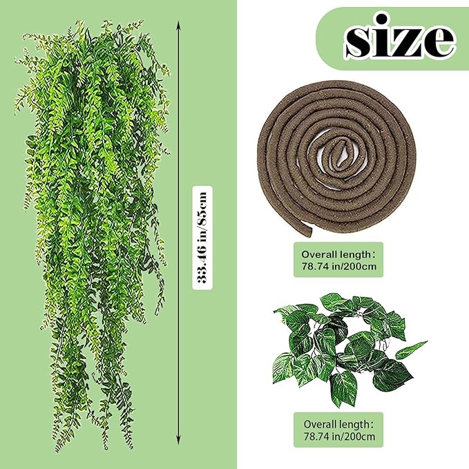 kathson Bearded Dragon Hammock,Large Lizard Lounger,Reptile Tank Hanging Plants Climbing Jungle Vines Flexible Leaves Decorations for Lizards Chameleon Gecko Snakes(3 PCS)