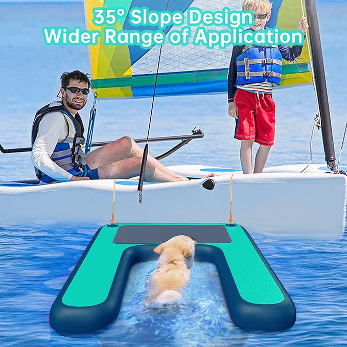 Inflatable Dog Water Ramp, Dog Floats Ramp Ladder for Pools, Boats, Docks, Sea and Lake, Non-Slip EVA 4ft x 3.3ft Platform for Dogs Up to 180LBS
