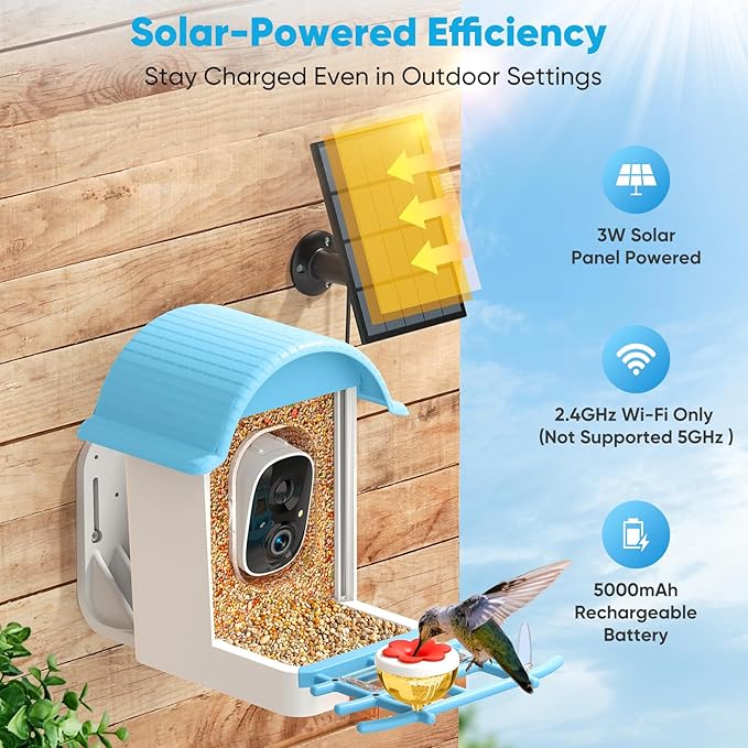 Bird Feeder with Camera, Smart Bird Feeder with Solar Panel, 2K HD Live View, AI Identify, Auto Capture, Instant Notifications, 2.4GHz, IP65 Waterproof, Ideal Gifts for Lover, Blue