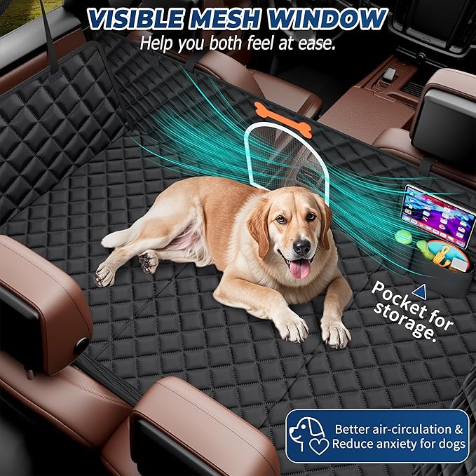 XL Dog Car Seat Cover for Back Seat,Hard Bottom Backseat Extender,45% Larger Space Dog Bed, 100% Waterproof Pet Seat Protector with Mesh Window, 3 Loading Boards, Car Hammock for Small Truck SUV