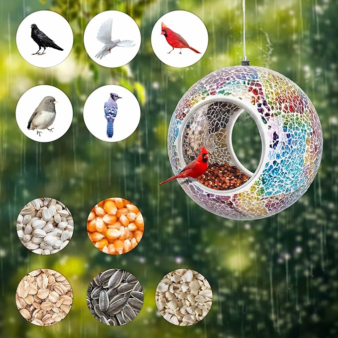 Yinns Mosaic Bird Feeder- Fly Through Glass Bird Feeders for Outside Hanging with Round Shape Glass Container Wild Birdfeeder for Garden Decor, 6.5 Inch Multicolor