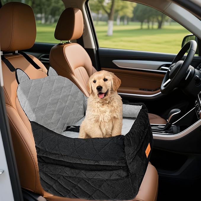 Dog Car Seat for Small/Medium Dogs Up to 35lbs,Elevated Cushion Fits in Front/Back Seat,Travel Safety Per Car Bed with Washable Removable Cover, Storage 2 Pockets Black-Grey