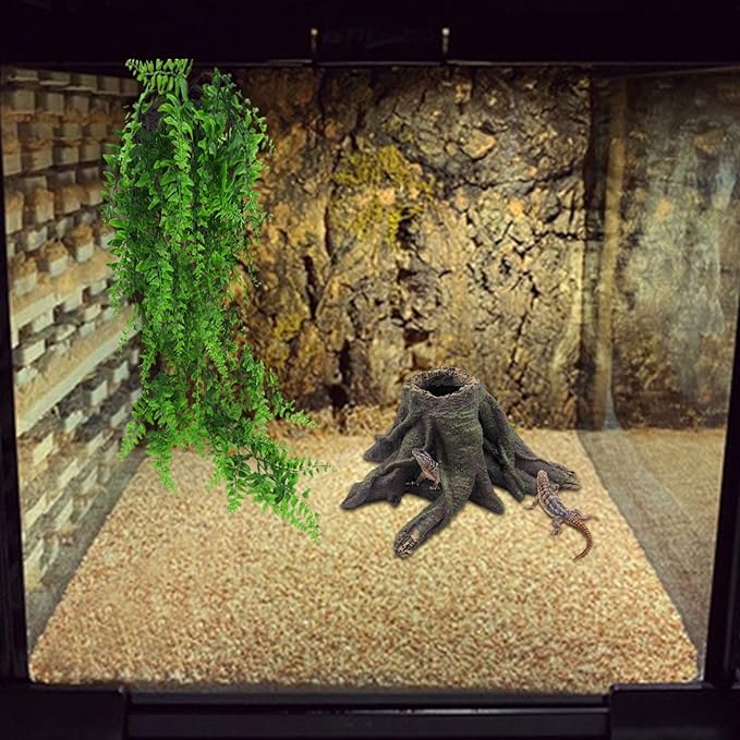 PINVNBY Bearded Dragon Tank Accessories,Crested Gecko Tree Stump Decorations Resin Reptile Hollow Tree Root Habitat Hideouts Cave Jungle Vines Ornament for Lizard Chameleon Snake Gecko(4 PCS)